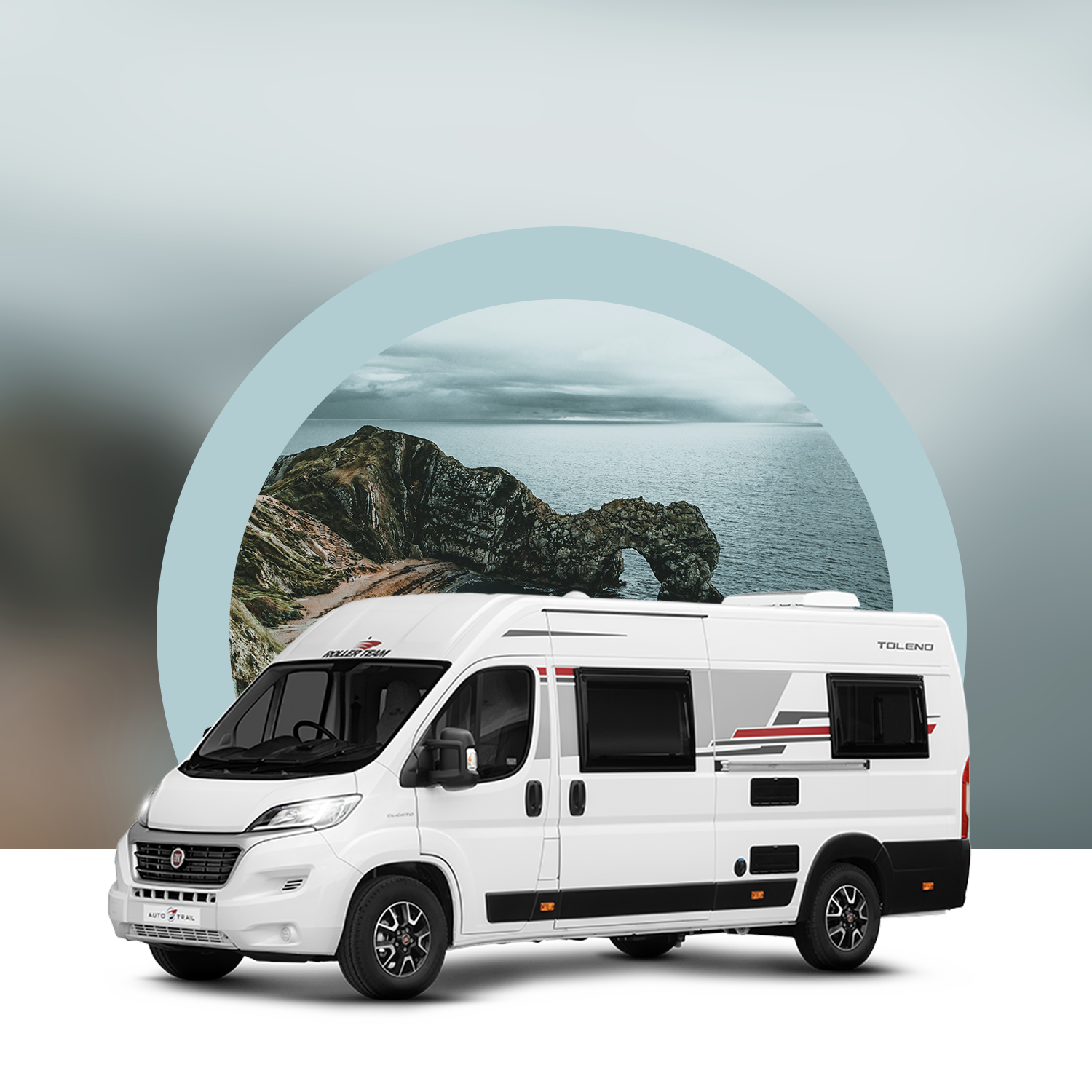 White camper van parked in front of a scenic coastal arch formation with an ocean in the background, set against a circular frame on a gradient background.