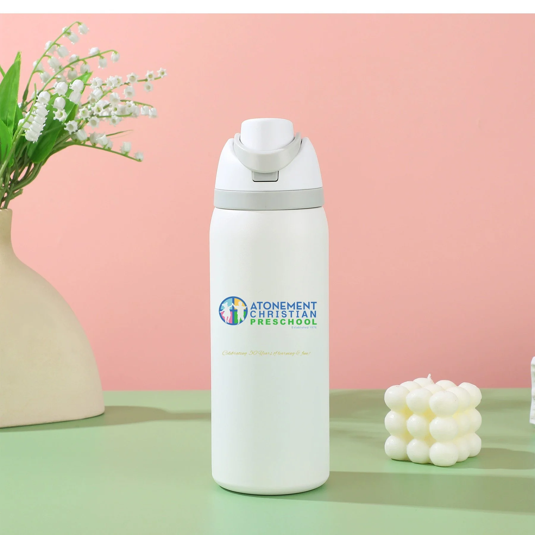 👕 Atonement Preschool 50th Anniversary  Close Top Water Bottle