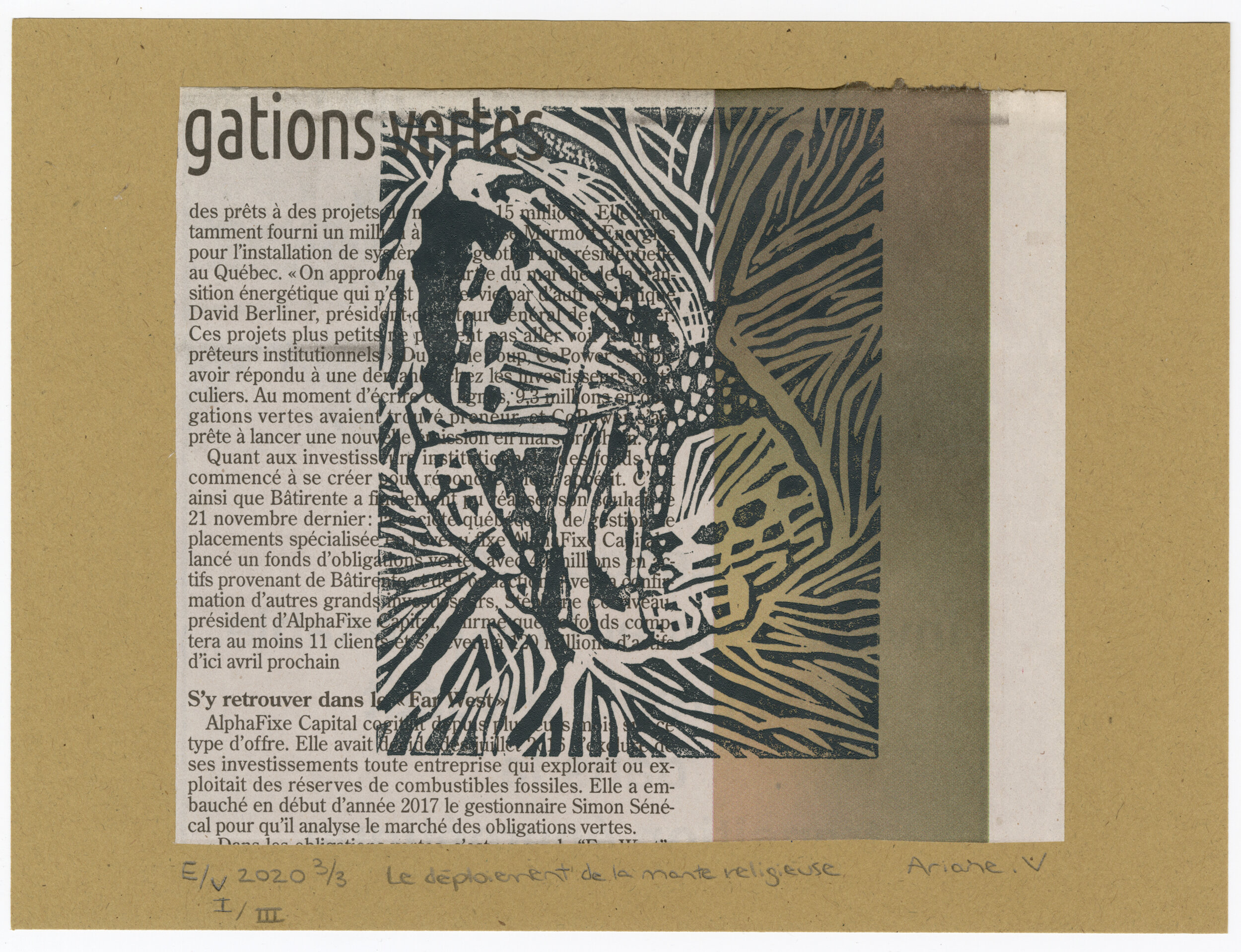 Linogravure "Le déploiement de la mante religieuse" I/III 