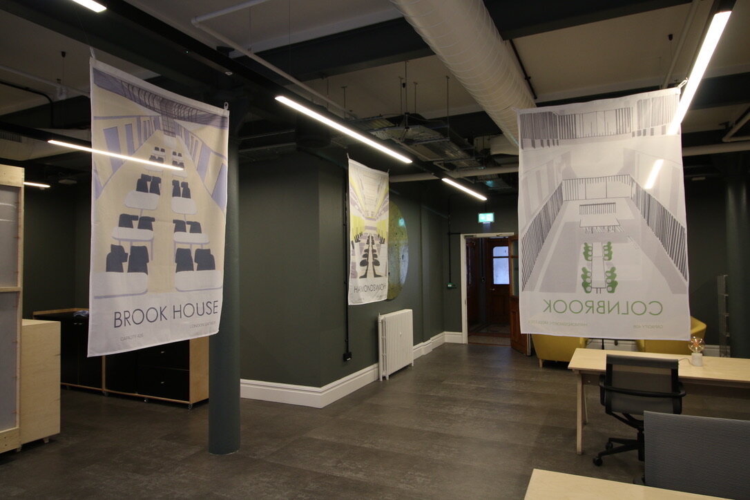 Habeas Corpus, Flag installation, 100x 150cm each at Canada House Manchester, installed within the co-working space, 2018. Exhibition supported by Kinrise Co. Sponsored by Ministry to Business.