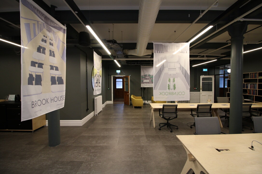 Habeas Corpus, Flag installation, 100x 150cm each at Canada House Manchester, installed within the co-working space, 2018. Exhibition supported by Kinrise Co. Sponsored by Ministry to Business.