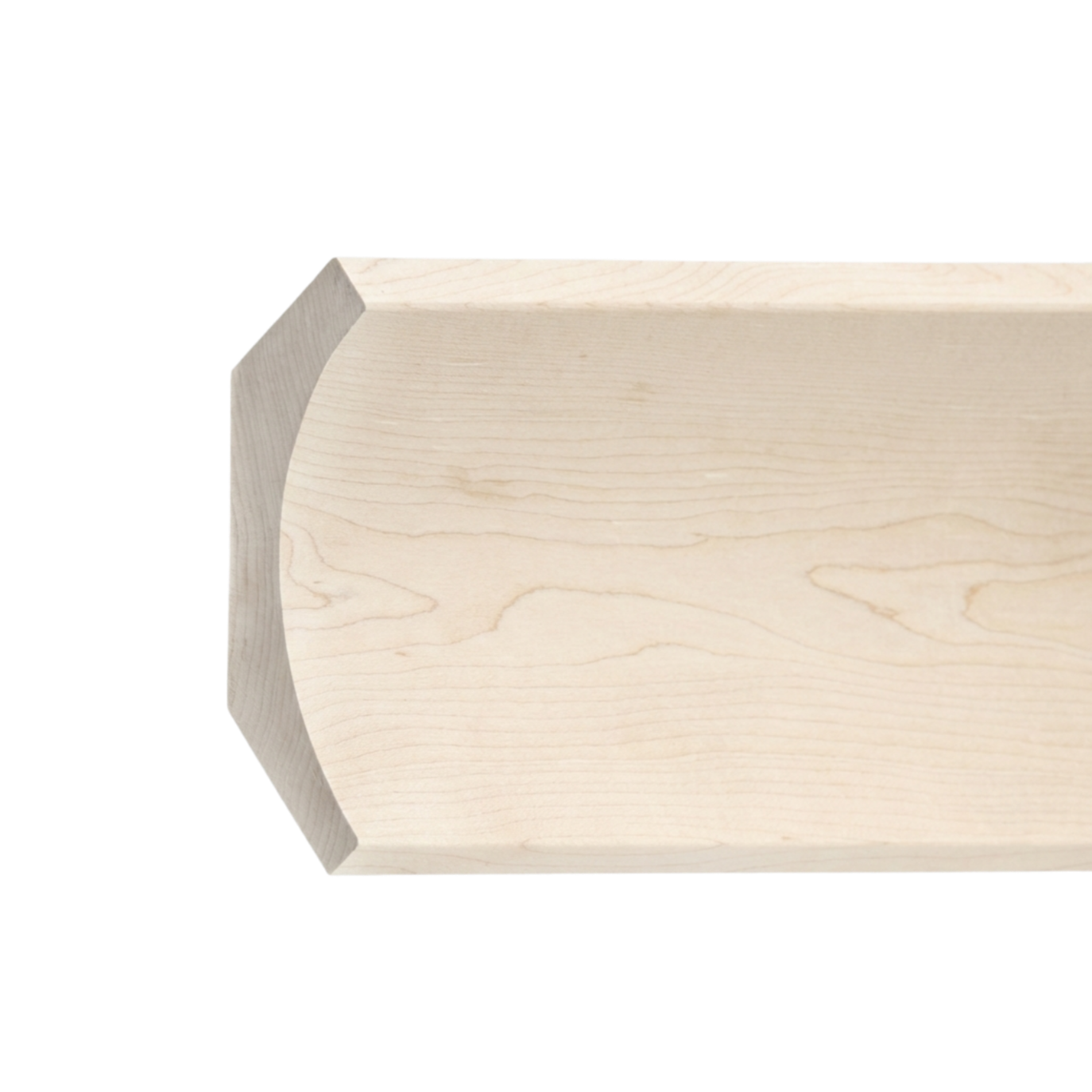 Close-up of a wooden crown moulding, showing the beveled edge, cove center, and light wood grain.