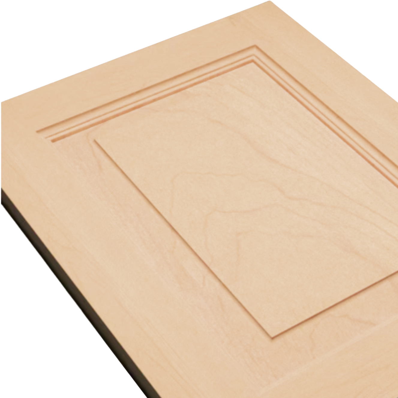 Close-up of a wooden cabinet door with a raised panel design.
