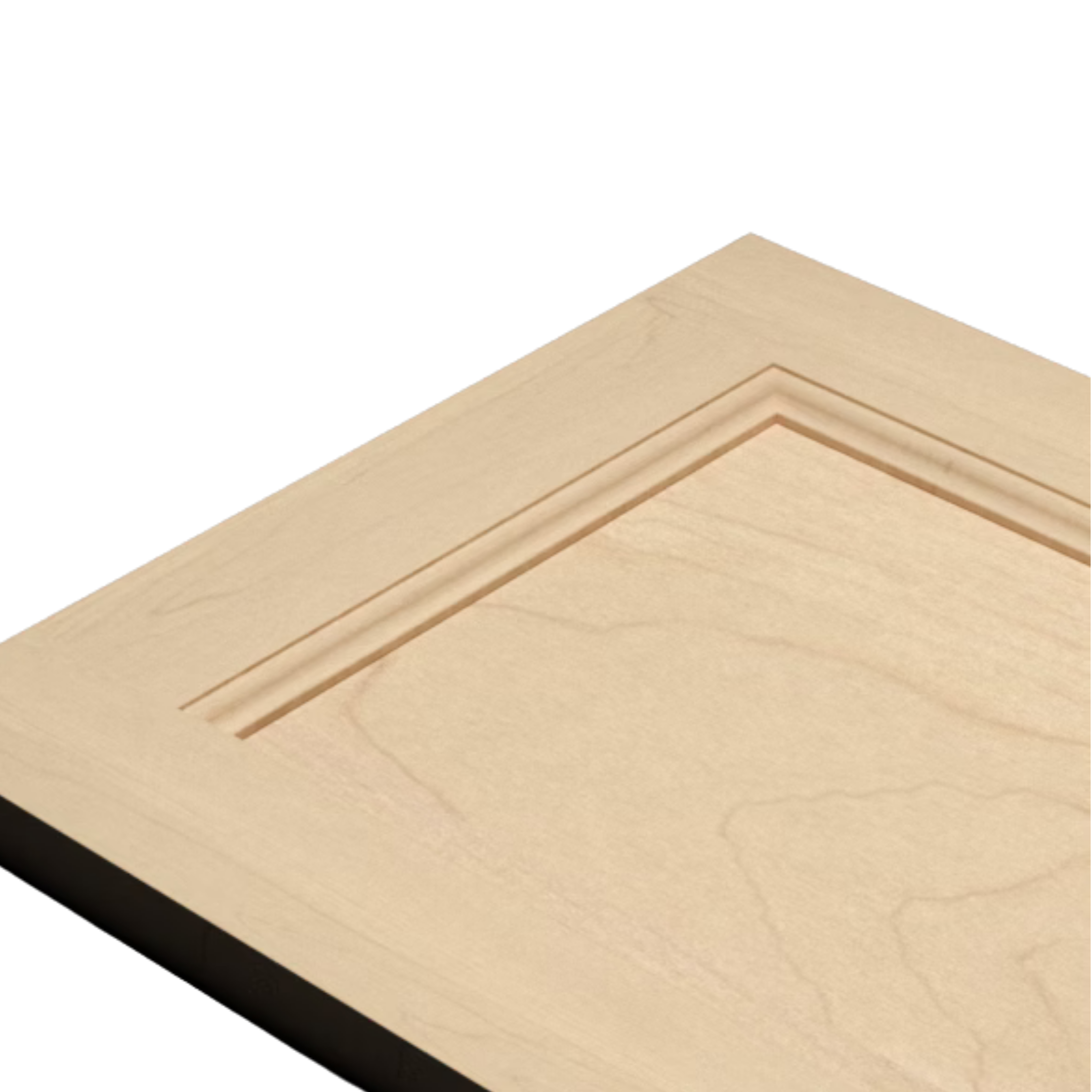 Close-up of a light-colored wooden cabinet door with a recessed panel detail.