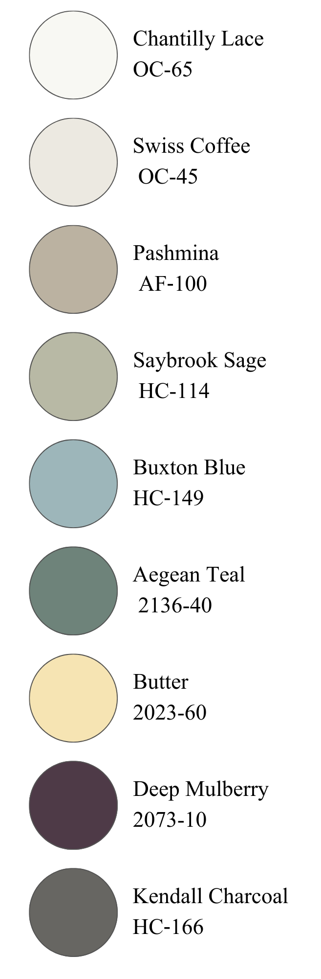 Color palette featuring ten circles arranged vertically, ranging from white at the top to dark gray at the bottom, including shades of beige, blue, green, and purple in between.