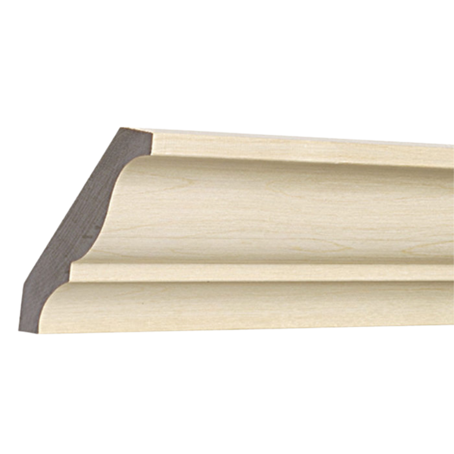 Close-up of a wooden crown molding with a curved profile and a light natural finish.