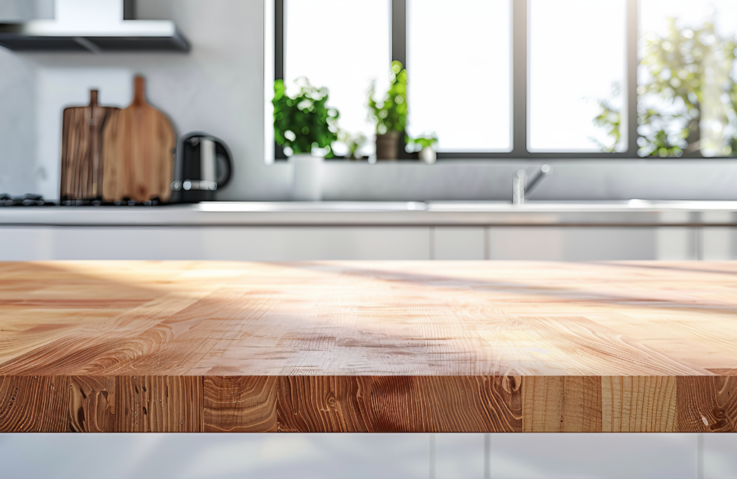 Close-up of a wooden kitchen countertop with natural wood grain, against a backdrop of a kitchen with a window, plants, and kitchen appliances.