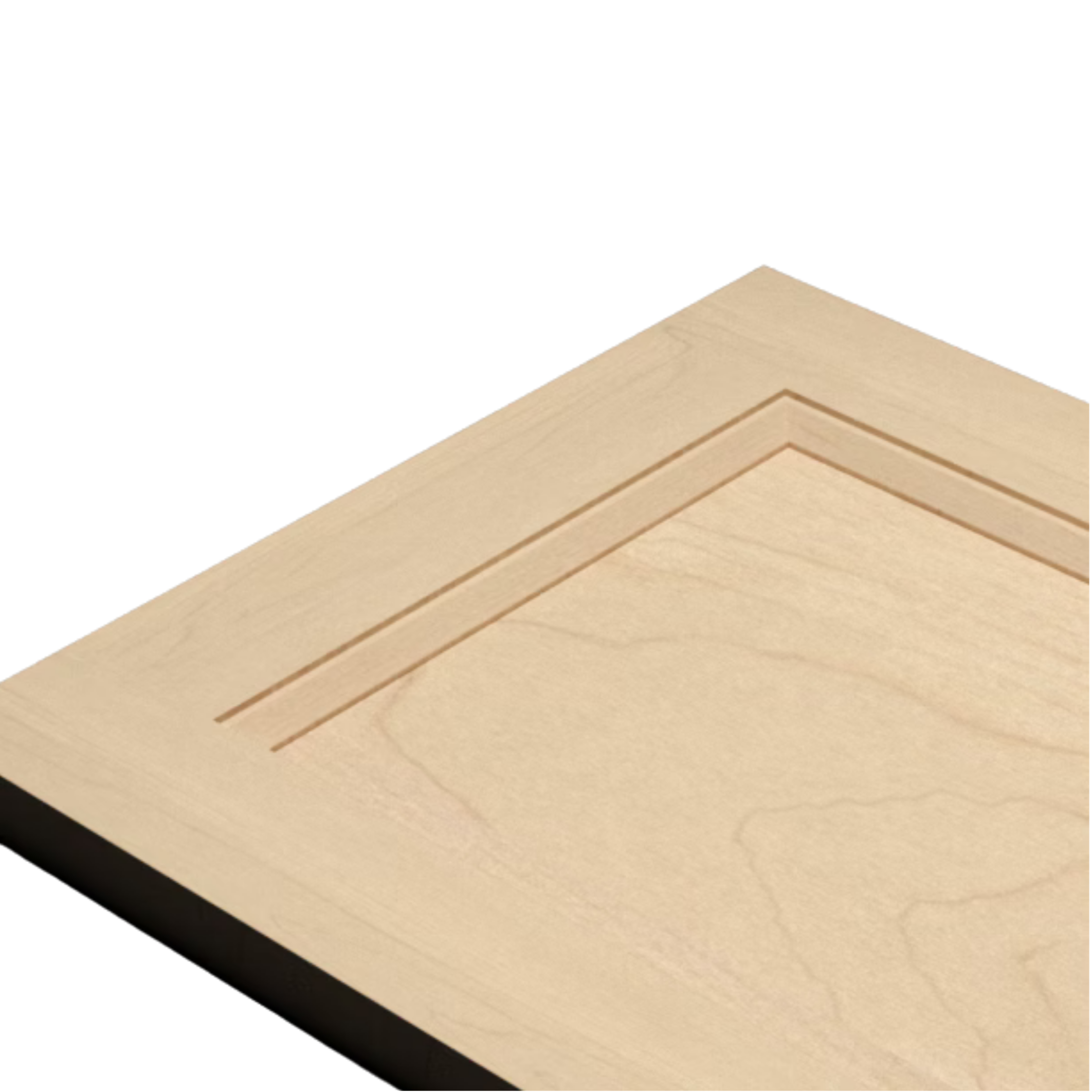 A close-up of a wooden bevelled cabinet door in maple.