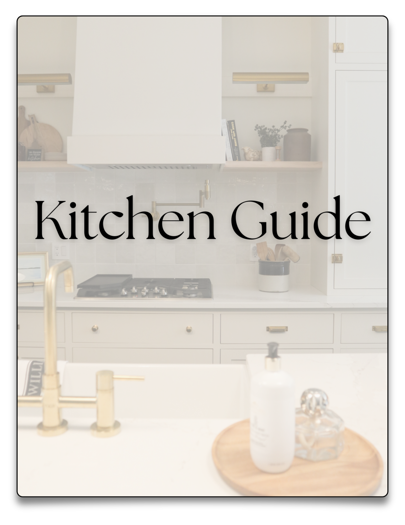 A modern kitchen with a white countertop, gold faucet, and various kitchen items including soap dispenser and glass container on a round wooden tray, with cooking stove, cabinetry, and open shelves in the background.