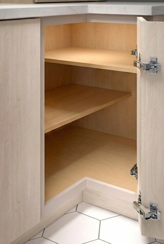 Open light-colored wooden cabinet with two shelves, located in a kitchen with white hexagonal tile flooring.