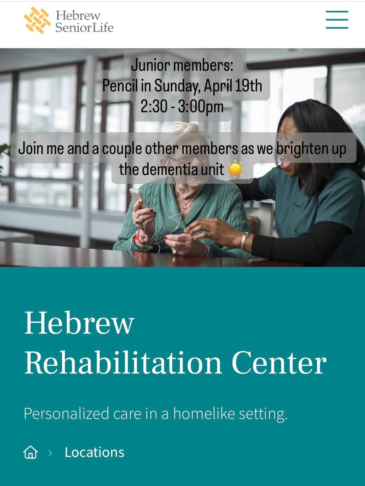 Junior Program Outreach at Hebrew Rehabilitation Center