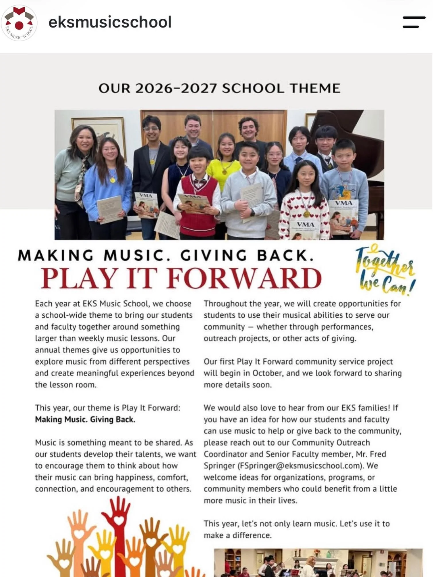 Playing It Forward: EKS Music School’s 2026–2027 Theme