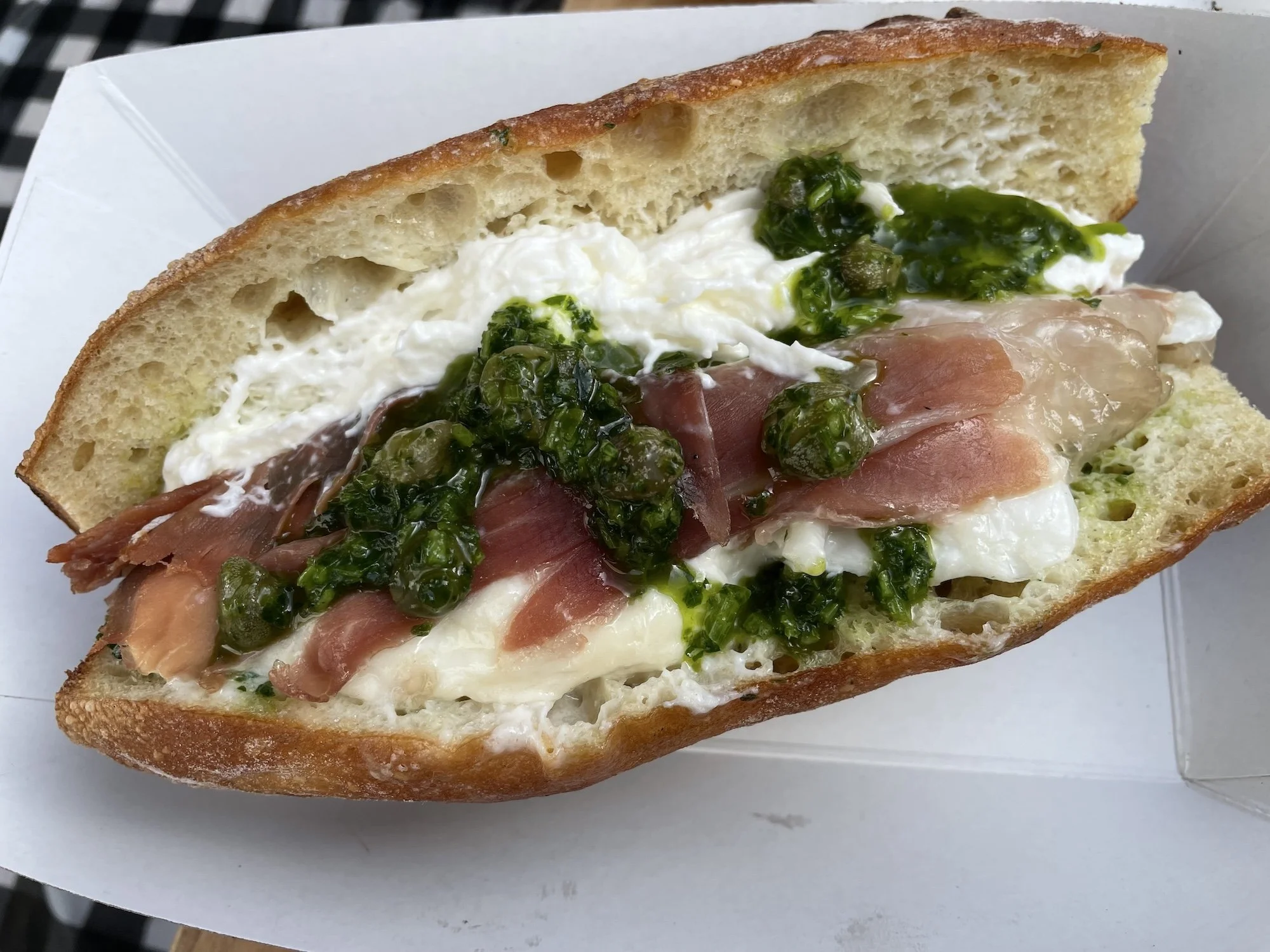 Prosciutto, burrata and pesto sandwich from A16