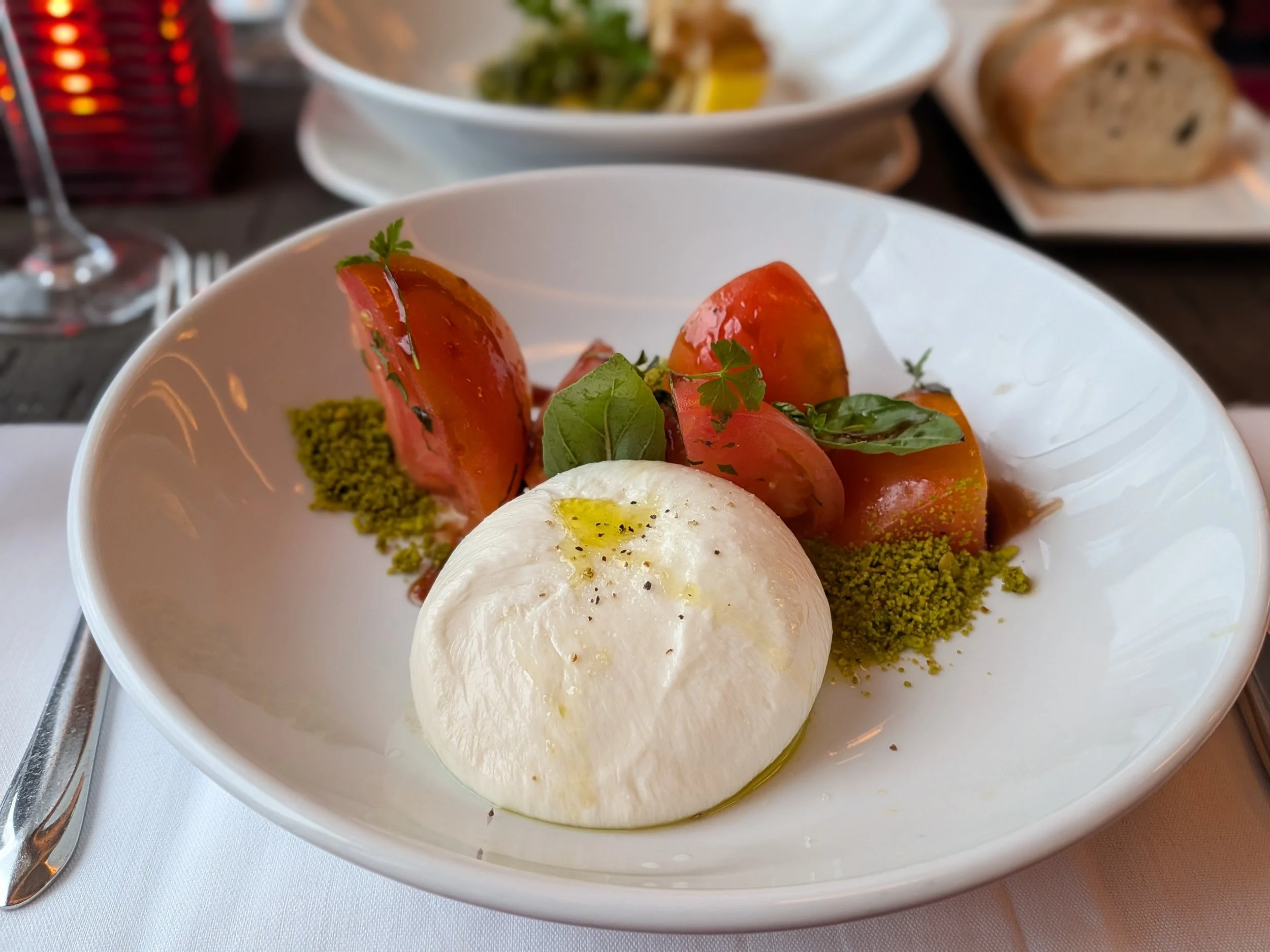 Burrata served with tomatoes on board a Holland America cruise