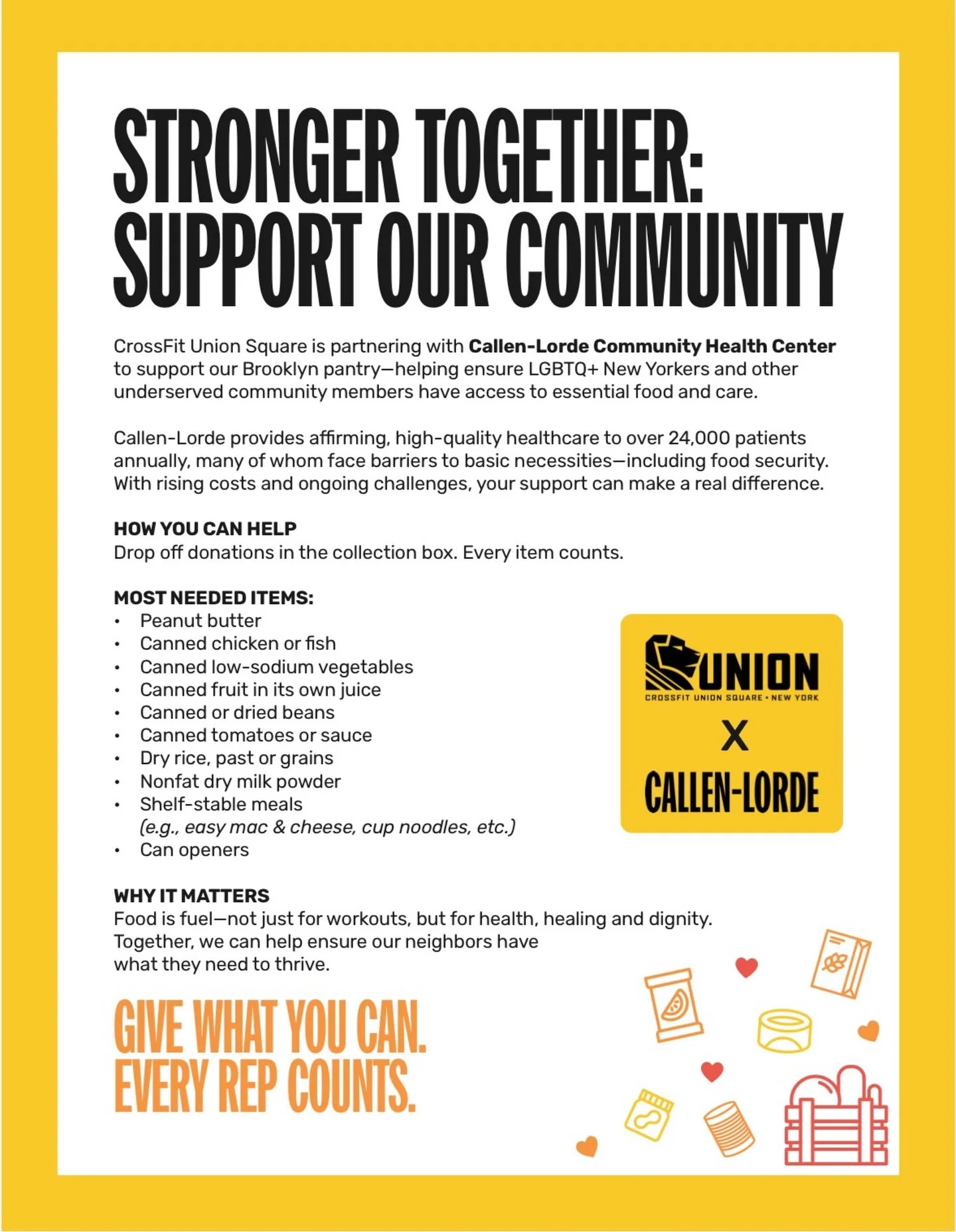 CFUS FAM! Over the next few weeks, we will be running a food drive for our friends over at Callen Lorde. All members of our community deserve fuel to help them thrive. Food insecurity is a major issue that Callen Lorde also helps their patients with,