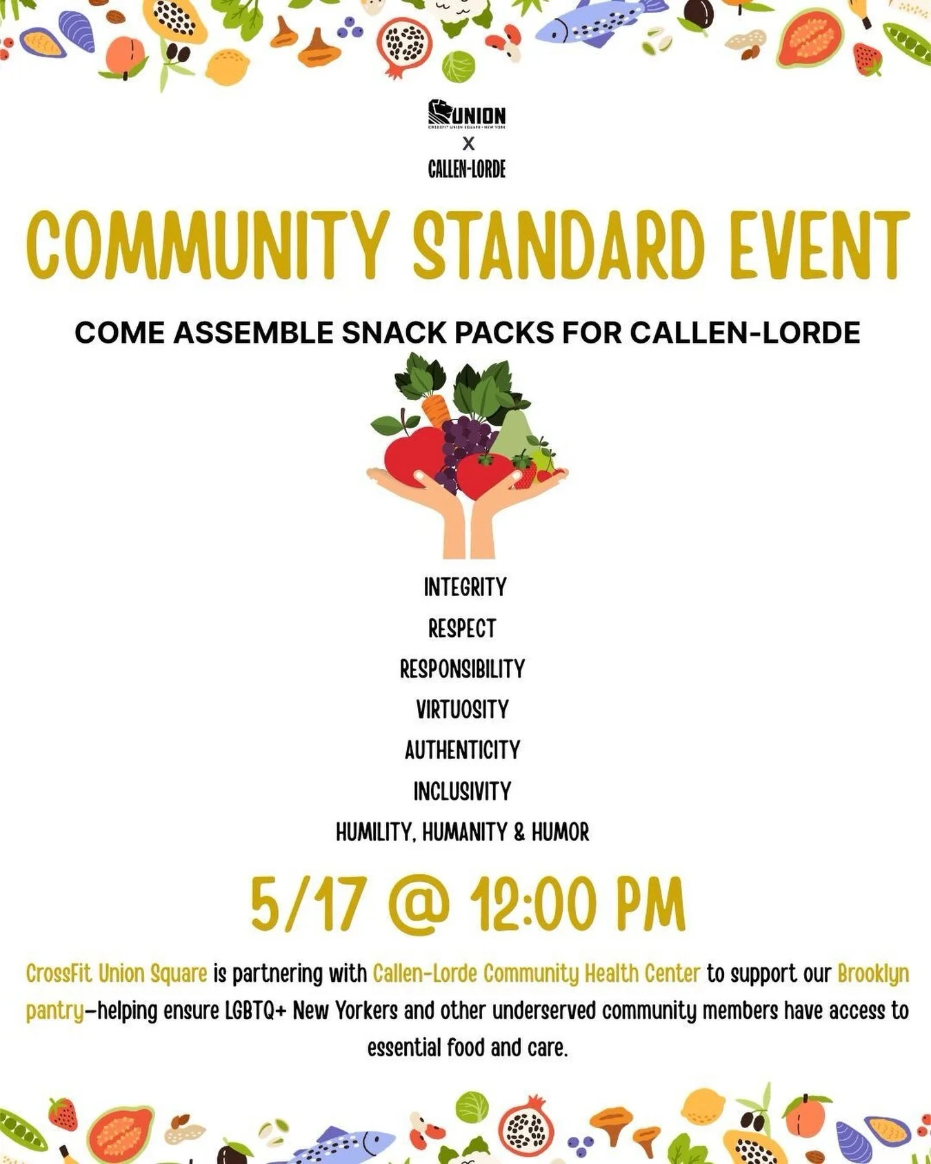 CFUS Fam! We need your help this Sunday with packaging all of the wonderful food donations we received for Callen-Lorde!

Sign up for &ldquo;The Community Standard Volunteering&rdquo; in Wodify this Sunday at 12pm to help! And keep those donations co
