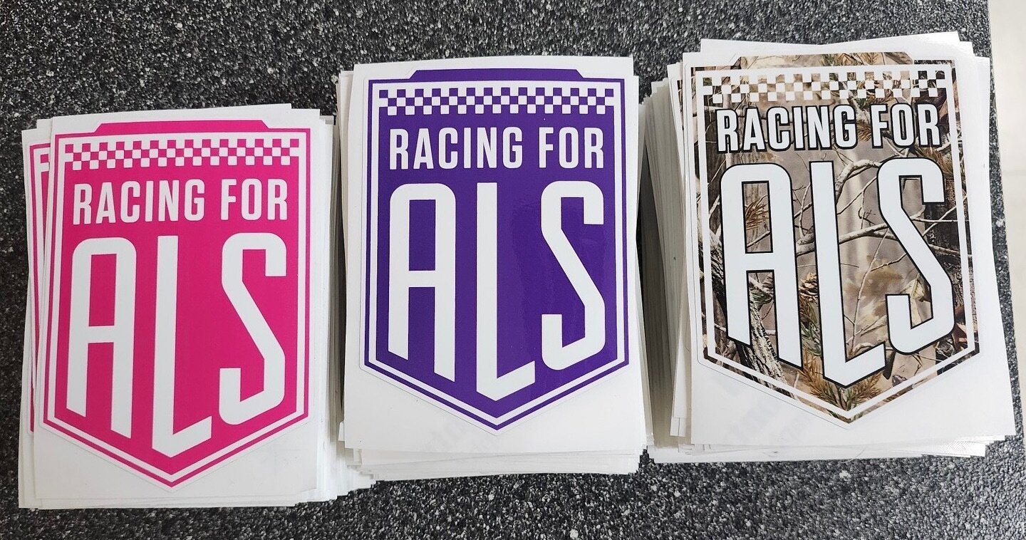 2 new sticker options coming to a Racing for ALS event near you to go along with our normal black and white ones!  Thanks GLAST Graphics for doing your normal awesome job on these! 

Also, if you are ready to post in the comments, &ldquo;Hey there ar