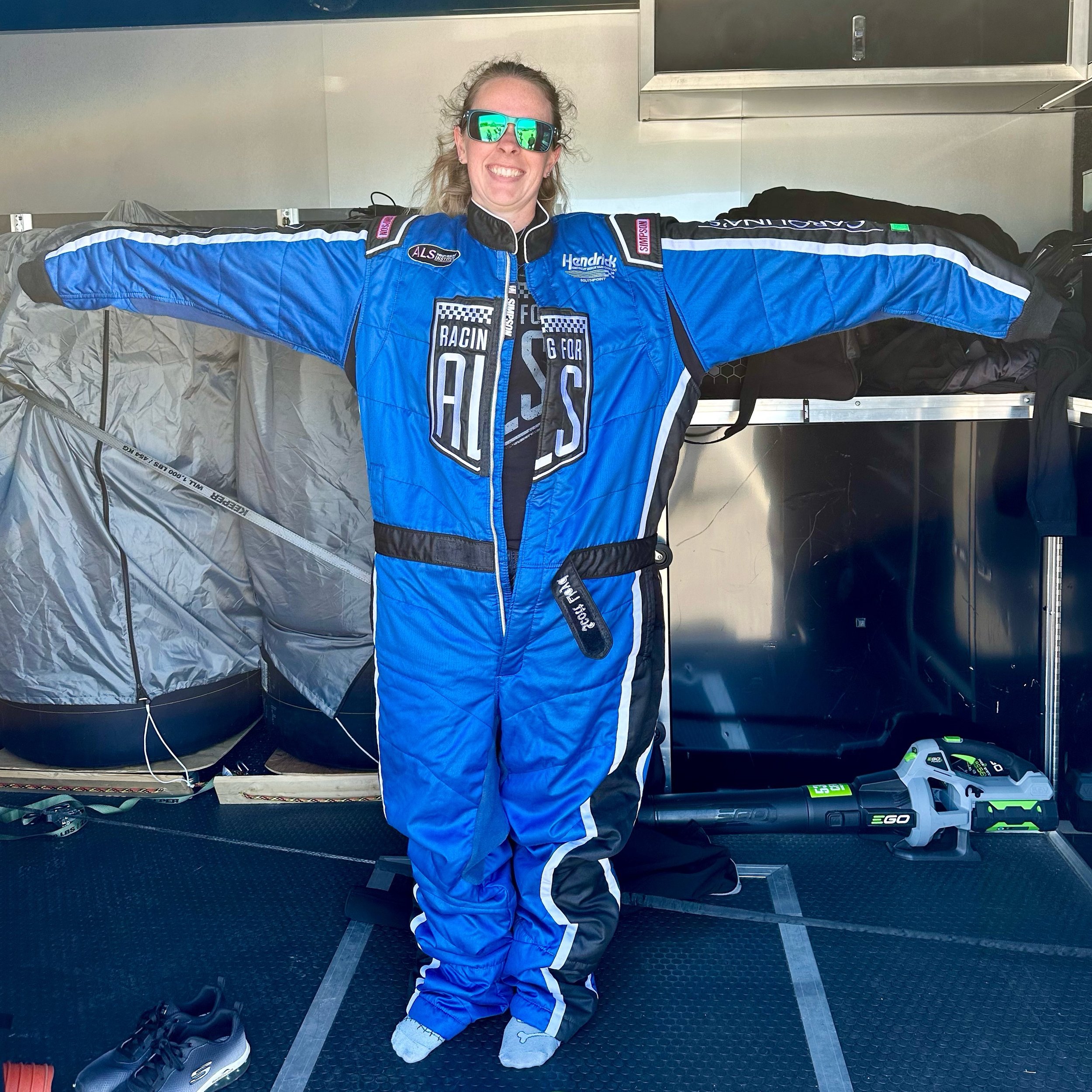 More Shenanigans from VIR - Most people don&rsquo;t get how tall Scott is until they meet him in person&hellip;. @amyambush found out first hand when trying on his fire suit to see if it would work for her to do a ride along with Craver in the @lambo