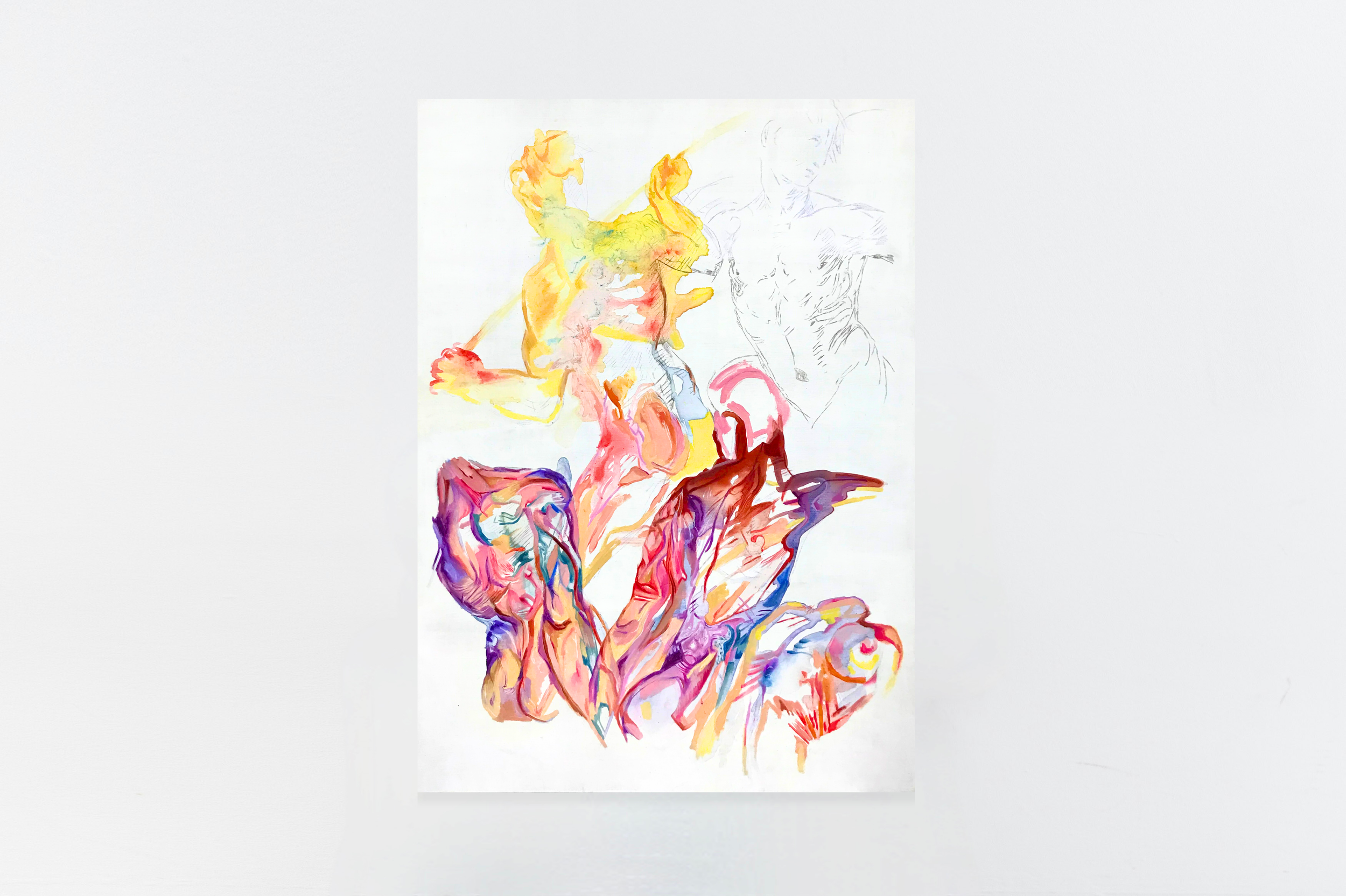 'Death Chases Life, But So Do We' - ink, spray paint, gouache, and oil on panel, 60 cm x 85 cm, 2019