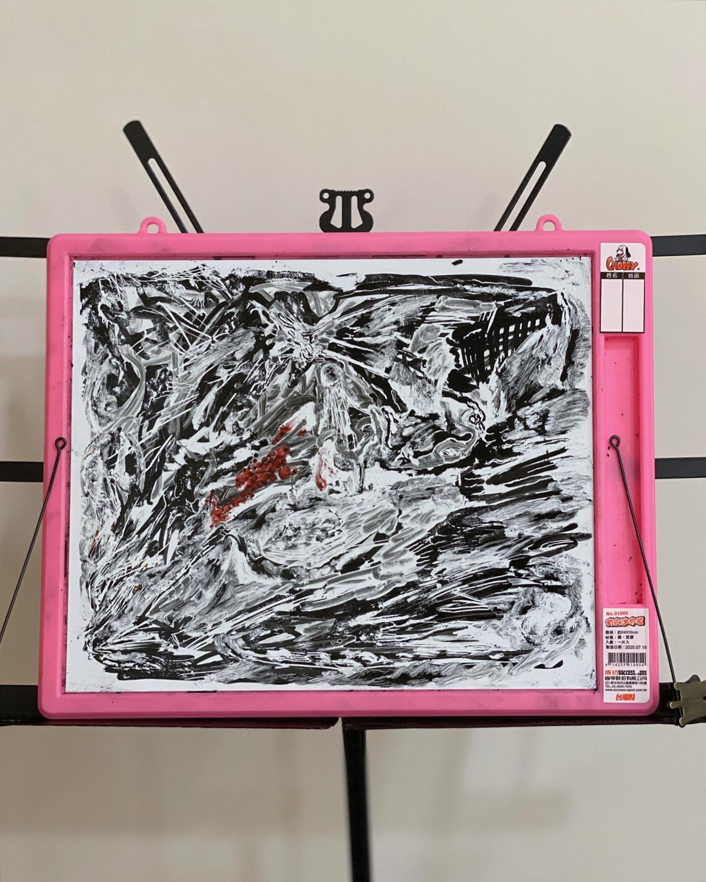 whiteboard painting (1) 
-whiteboard markers (red, black, and one nearly out of ink), dry brush, and toothpick 

[it feels very wrong to place a brush upon the whiteboard surface... it was enjoyable] [it is a medium that is so eager to be erased.. so