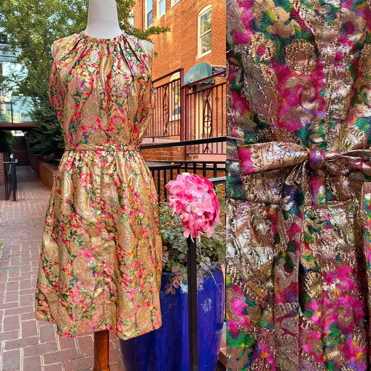 🌺✨1960s Gold paisley brocade party dress with bright shades of pink 🍾✨ 🍾Flattering fit &amp; flare with pockets &amp; sweet bow tie belted waist 🌺✨
.
This pretty little frock has sold, but it was a favorite and needed to be shared! Many other fun