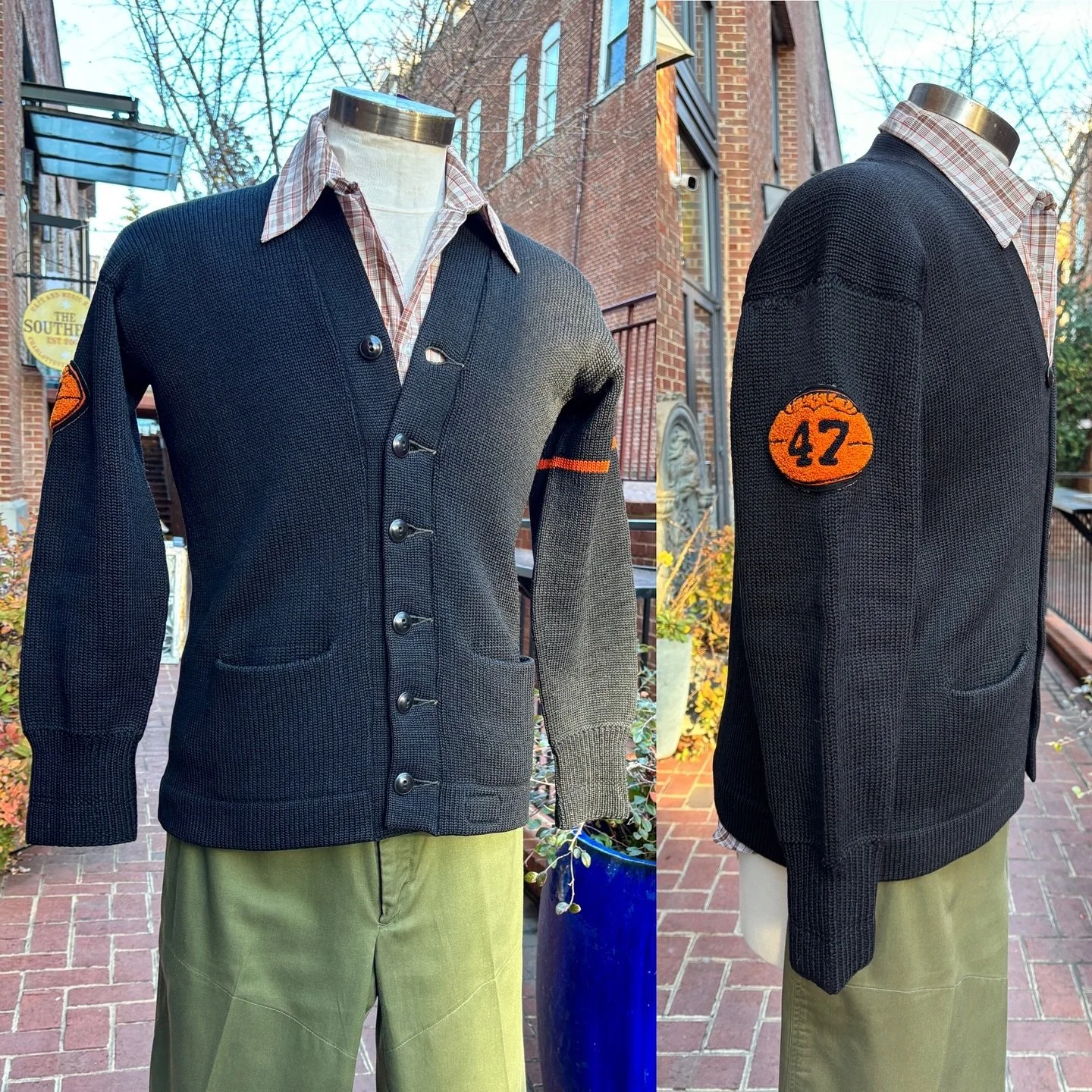 🖤🏈🧡 I love vintage letterman jackets or sweaters, they feel so personal to the history of the piece. This one is in beautiful condition.
..
🧡🏈🖤1940s Black wool letterman sweater, made by Pittsburgh Sport Shop 🍁 Black w. orange stripe &amp; che