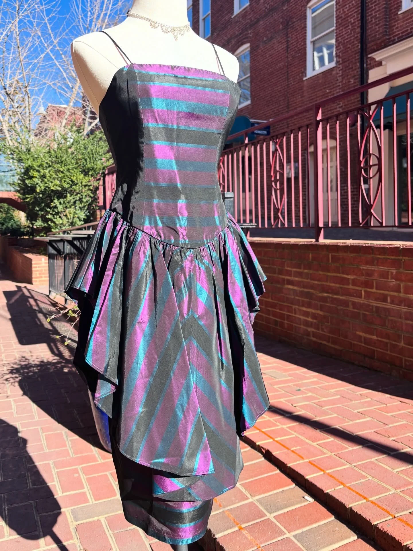 💜🖤1980s black, purple, and teal ruffle party dress. Such a cute look for a New Year&rsquo;s party!🖤💜
..
..
🏷️ 25/26&rdquo;W
🏷️ $68
..
..
..
..
..
#1980s #80s #80sfashion #80sdress #vintagefashion