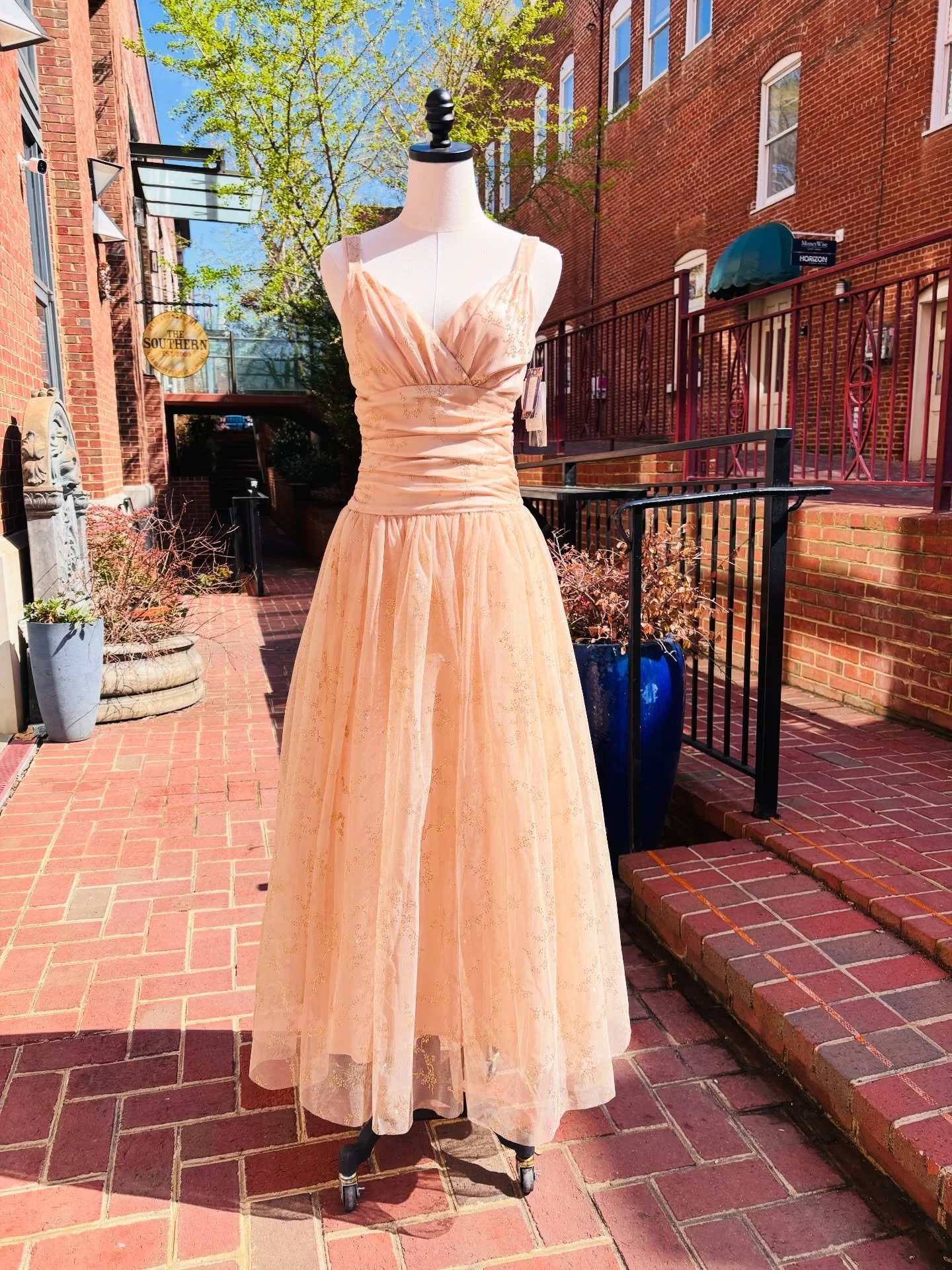 ✨🦢Early 1990s Jessica McClintock champagne gown, stunning! ✨🥂✨ Black tie, non traditional wedding dress, rehearsal dinner or reception, prom or any formal occasion, oh the possibilities!✨🦢
..
&hearts;️The glittering embellishments give just the ri