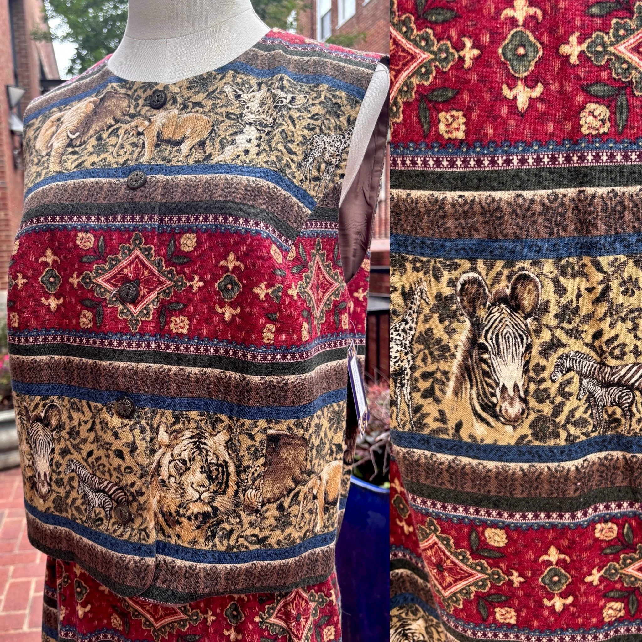 🐘🌿1980s Safari tapestry set, perfect linen blend all season set 🐅🐘🐅Made by Sharon Young, fun as a full ensemble or as separates 🐘🌿🐘Both pieces are so good! I love the top with denim, layer in cooler months. The skirt with boots and a sweater!