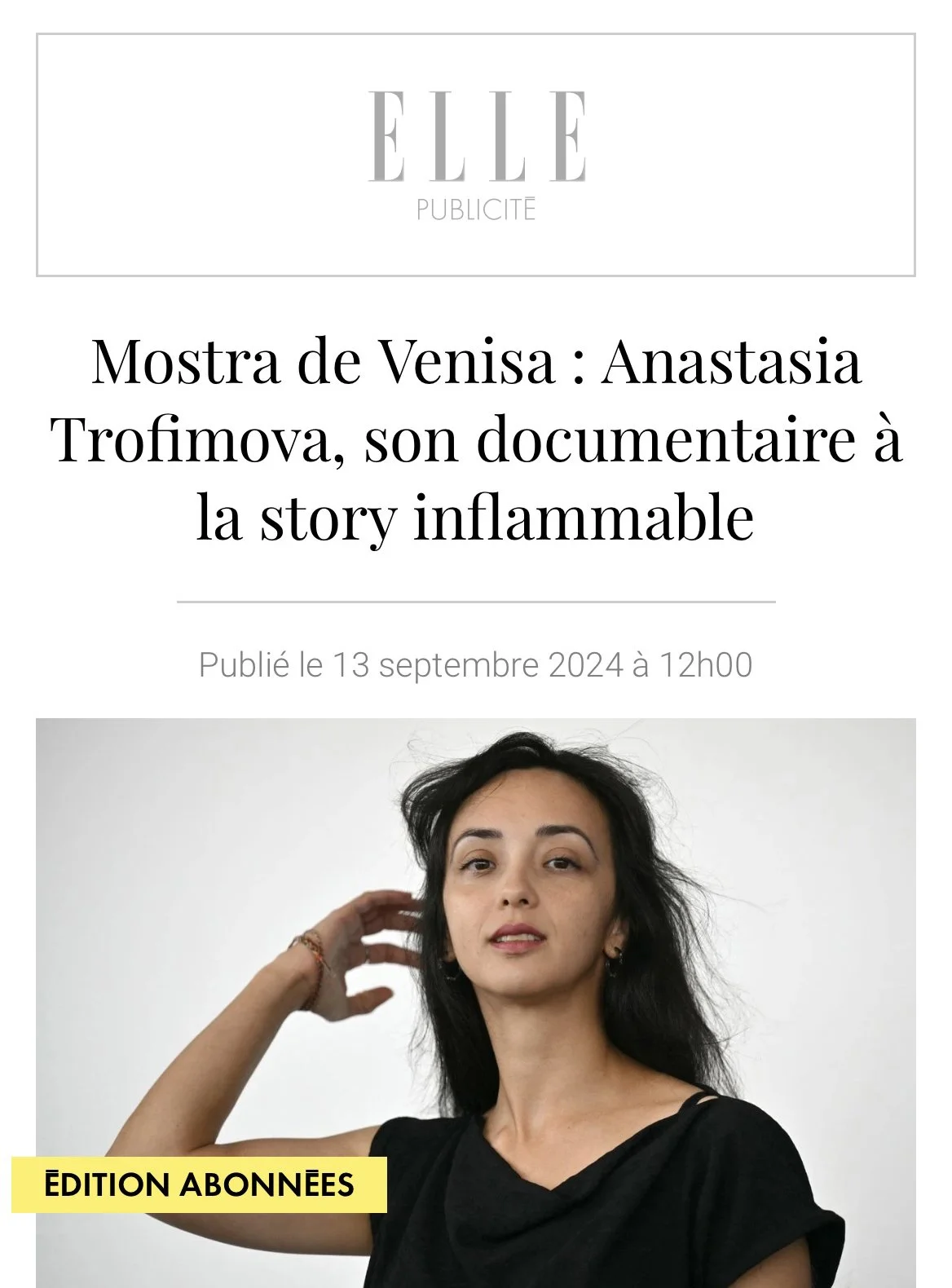 Anastasia Trofimova, director of Russians at War, featured in Elle Magazine