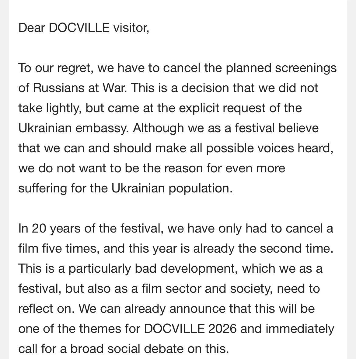 Threats and pressure result in cancelation of screening of Russians at War at Docville Festival in Belgium