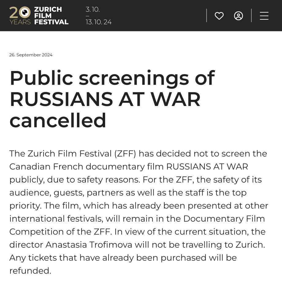 Russians at War screenings cancelled at Zurich Film Festival after threats by Ukrainian politicians and interest groups 