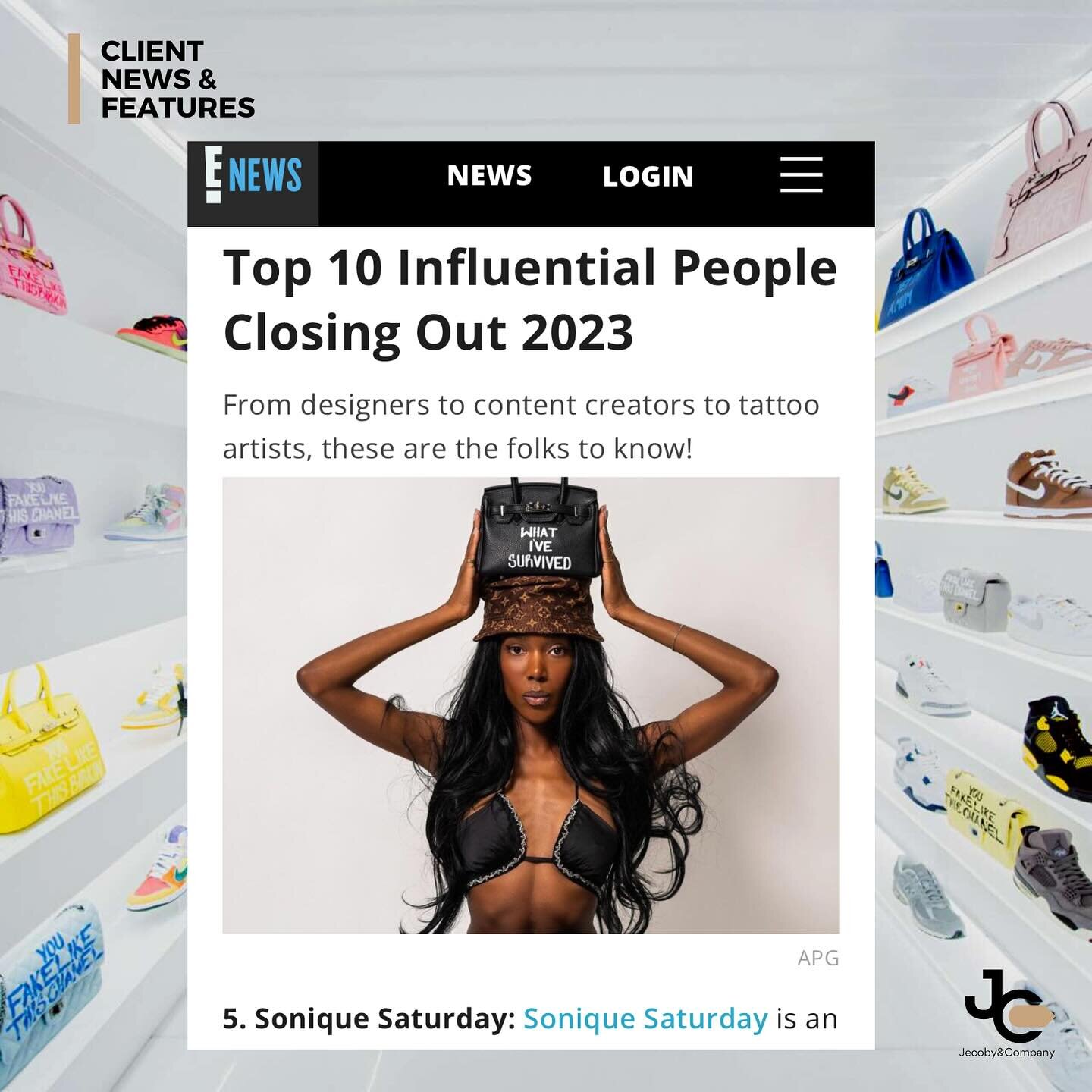 Client News: @soniquesaturday named as one of @enews&rsquo; top 10 most influential people of 2023! 🥂

More from @soniquesaturday and @saturdayhouse in the new year!
