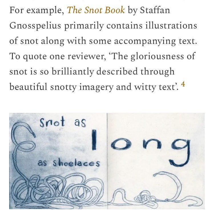 I&rsquo;m delighted to be included in this highly educational article about snot:

&ldquo;What snot sub-genres tell us about children&rsquo;s books&rdquo;
written by Kirsten Bell. 

I&rsquo;m in section 4 of the article called &lsquo;Aesthetic apprec