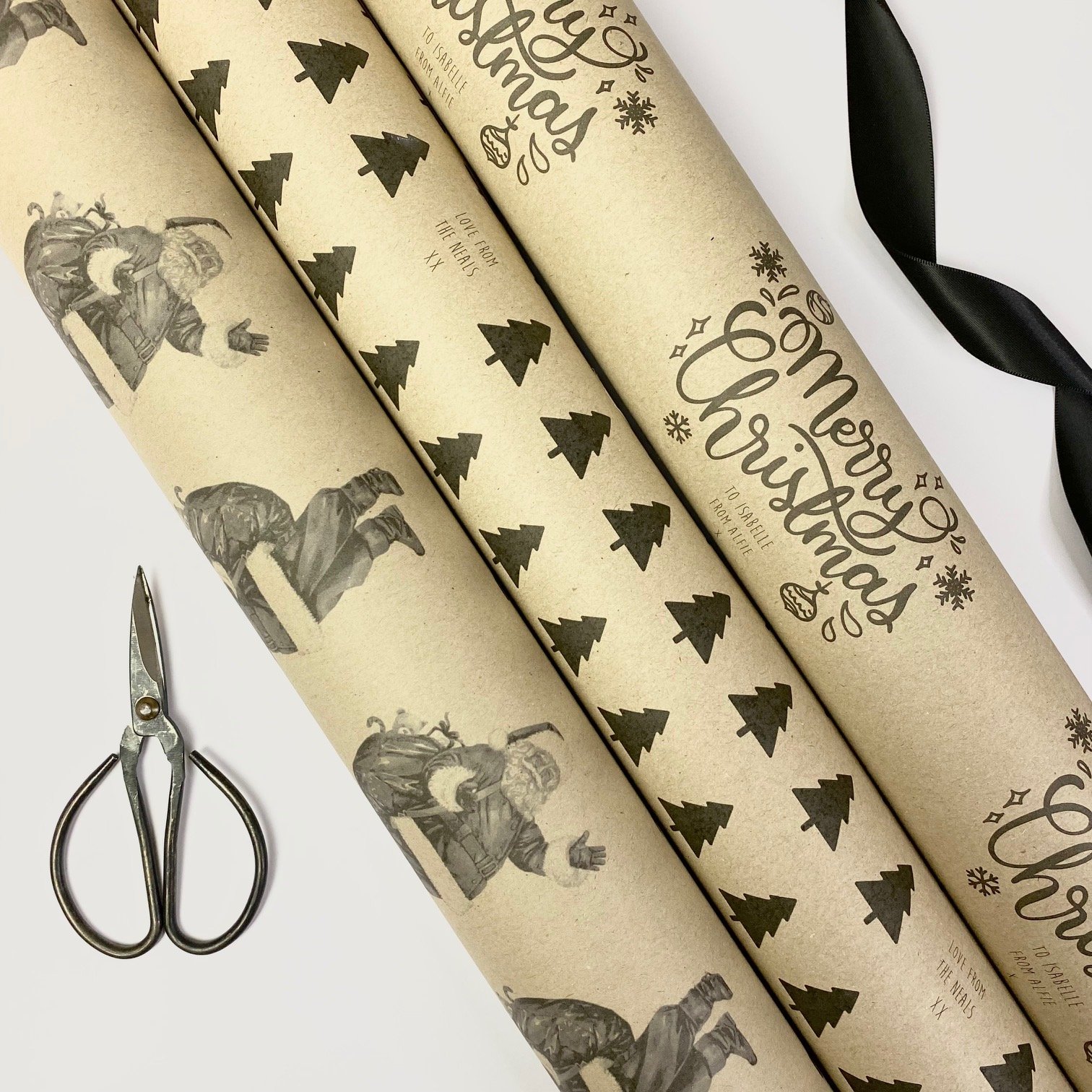 Personalised Gift Wrap / 100% Recyclable / Large Wrapping Paper Sheets OR  Rolls / Vintage Santa in Kraft — Hallmarked Design