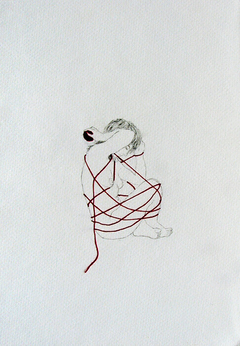  grafito e hilo sobre papel   dibujo nº14 de serie de 25  c/u de 25x18 cm  