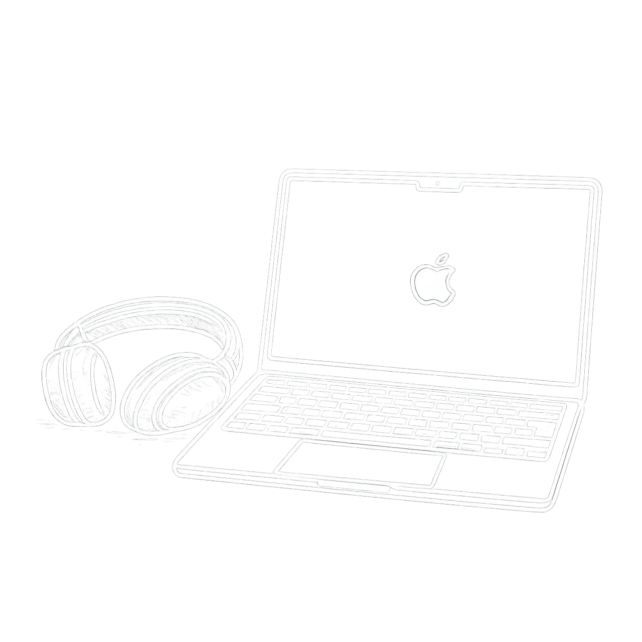 Illustrated laptop with Apple logo and headphones representing virtual dog training lessons and online coaching support.