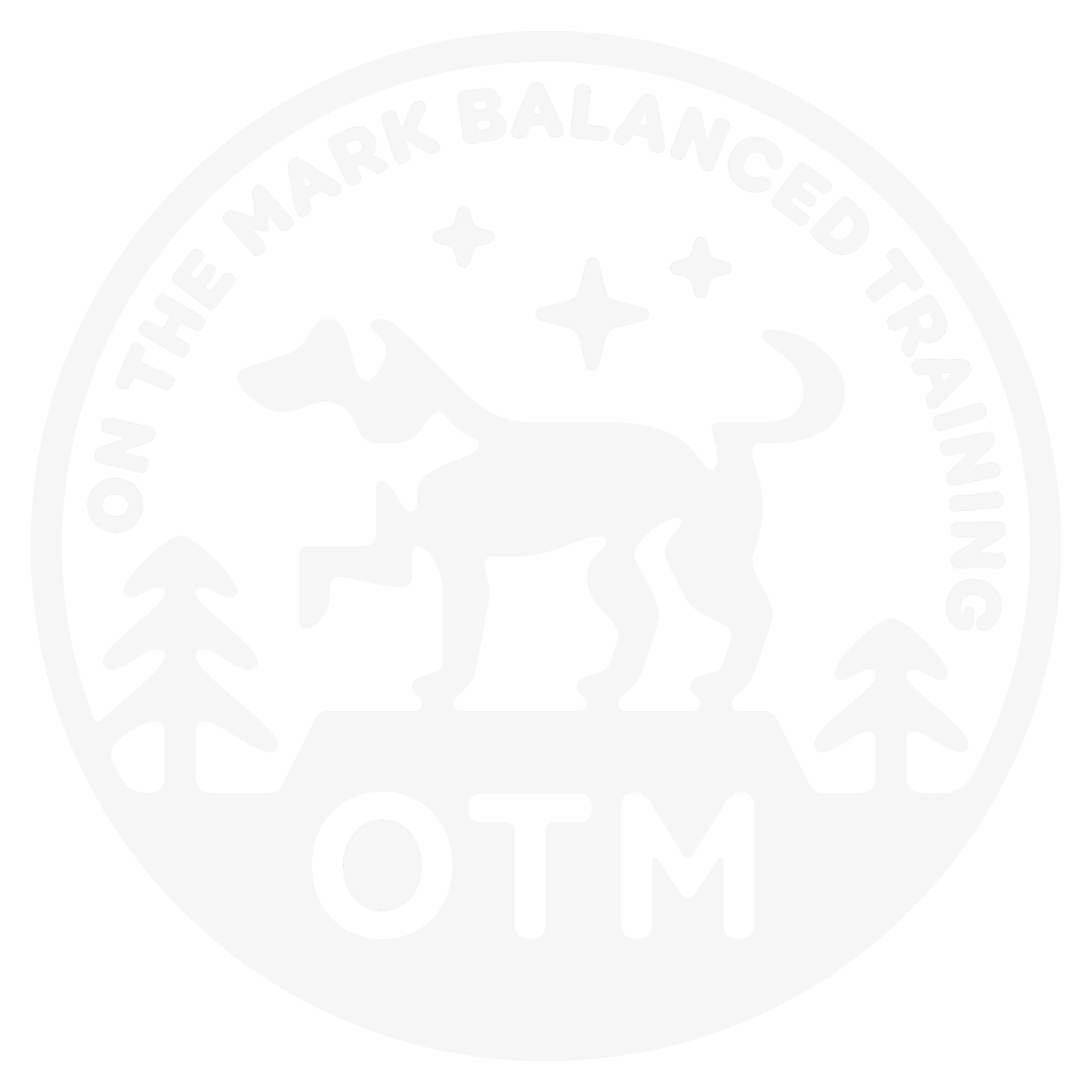 On The Mark Balanced Training logo with dog silhouette, pine trees, and stars in circular badge design representing professional dog training services.