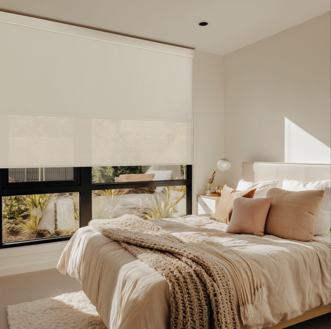 A neatly made bed with beige pillows and a knitted throw blanket in a bright bedroom with a large window and a white roller blind, sunlight streaming in.