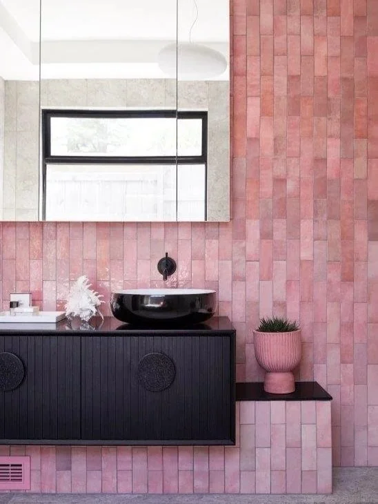 Bathroom with pink brick wall, black sink, mirror, and pink planter with green plant