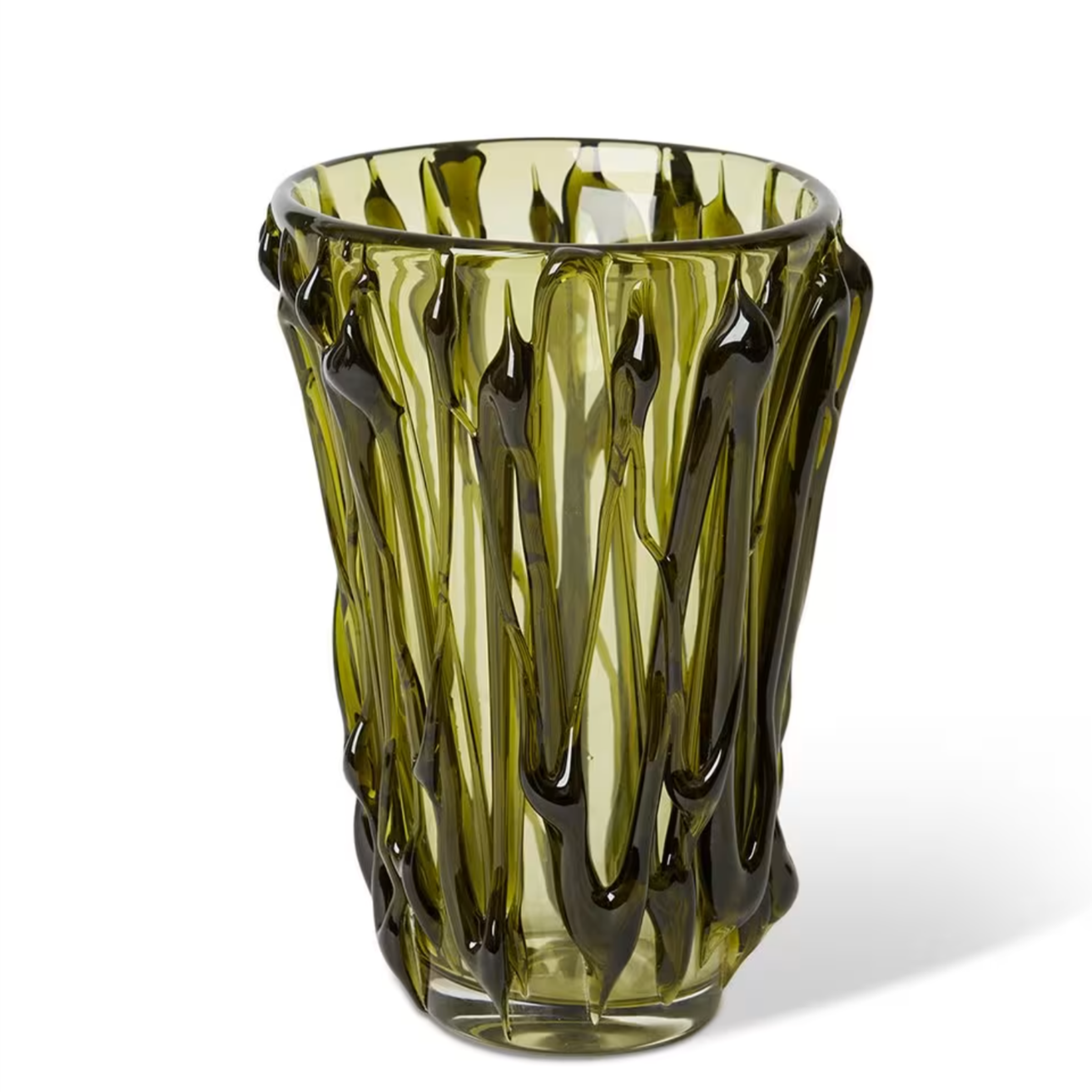 Green and black glass vase with a textured, drip-like pattern on white background.