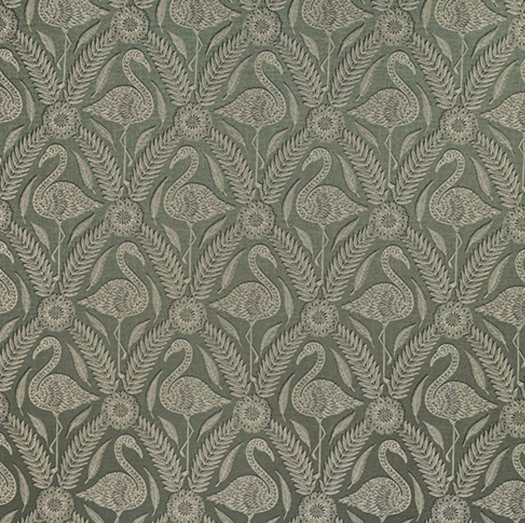 Pattern featuring flamingos and tropical leaves in a green and beige color scheme.