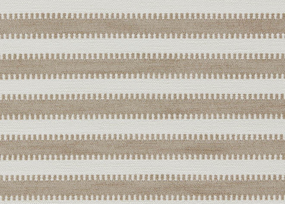 Patterned fabric with horizontal stripes of beige and white with small square shapes.
