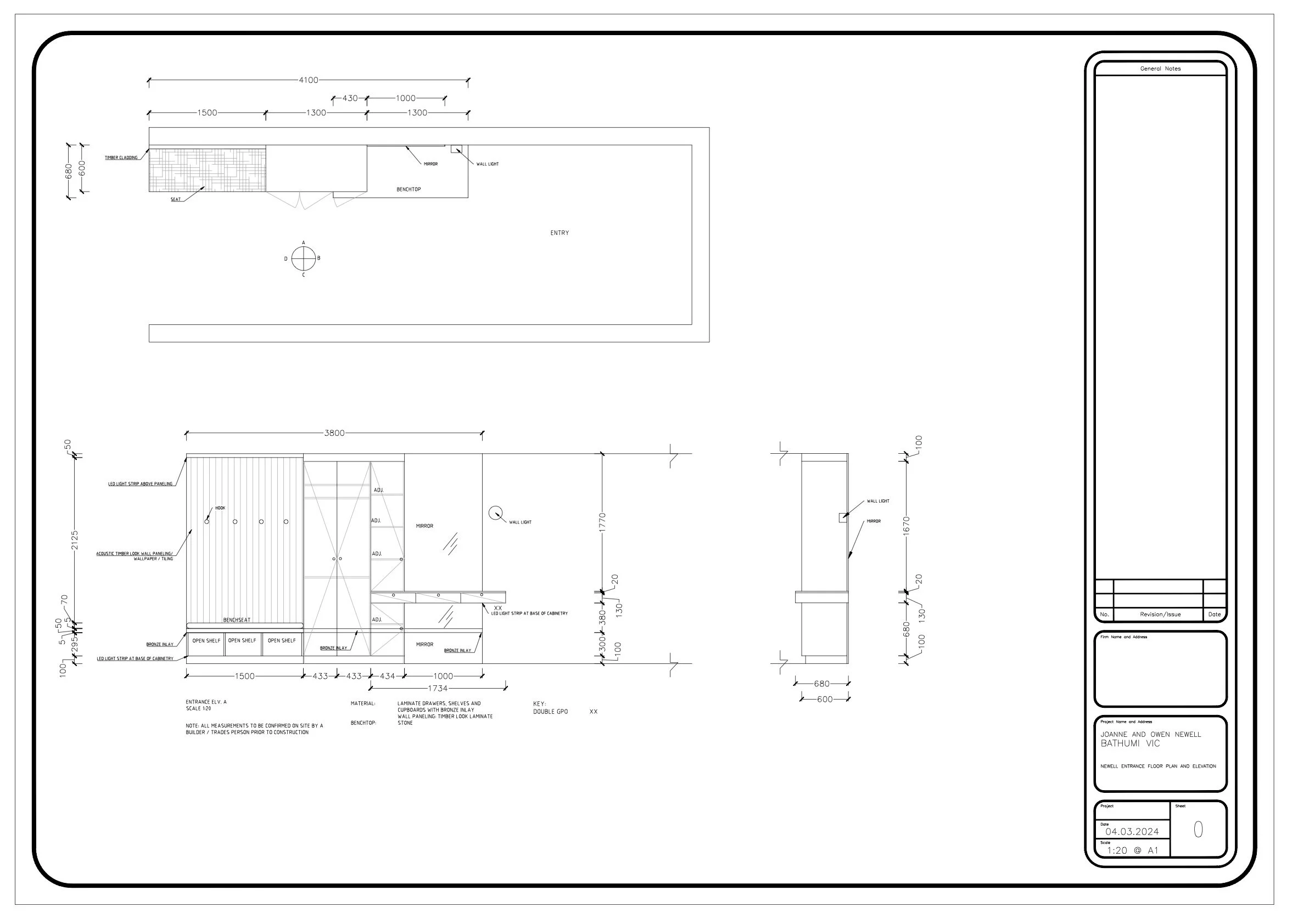 Architectural floor plan drawing of a building entrance, including measurements, elevation views, and details for materials and construction.