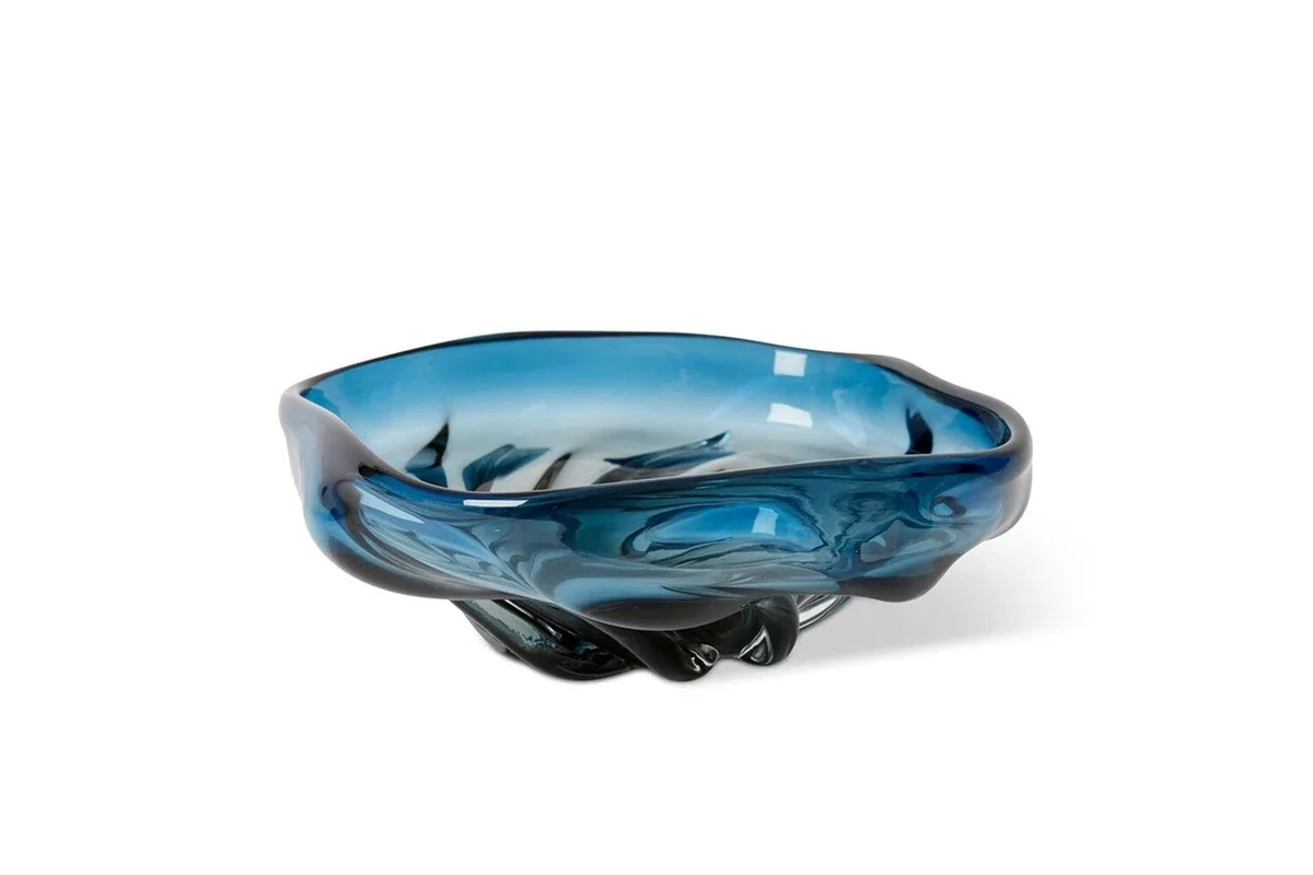 Blue and black marbleized glass bowl with an irregular shape