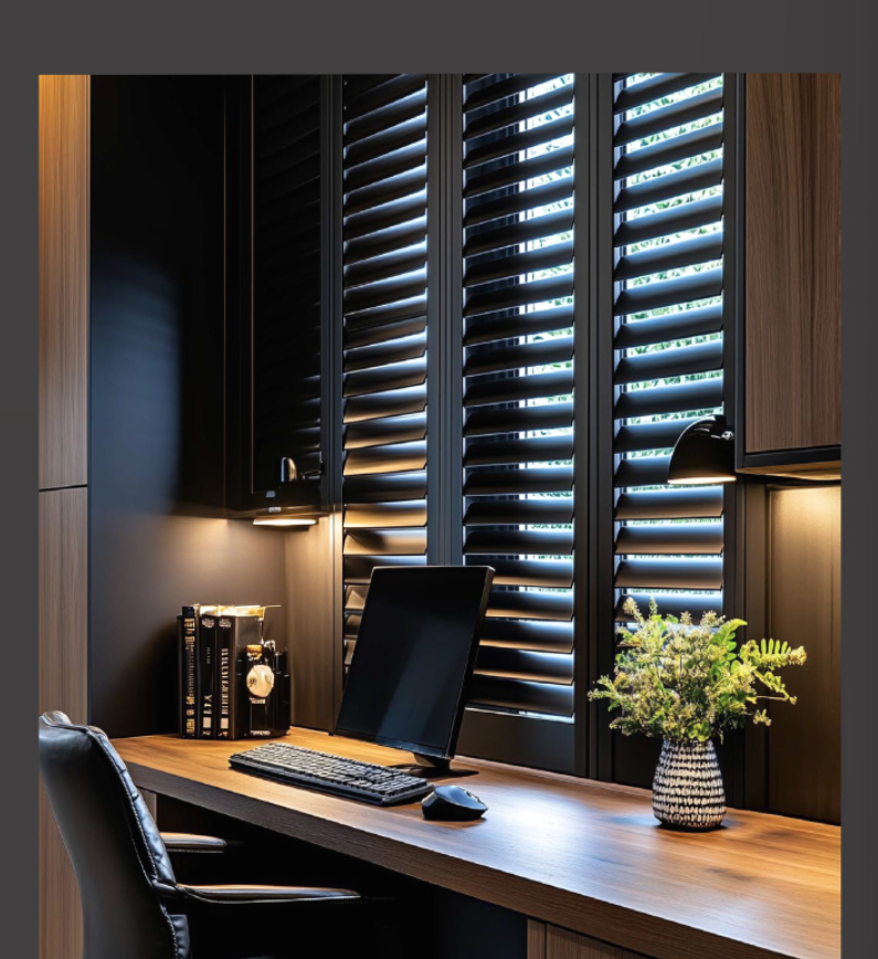 Home office desk with a computer monitor, keyboard, mouse, a black chair, a flower vase with greenery, and bookshelf with binders, with black window shutters behind.