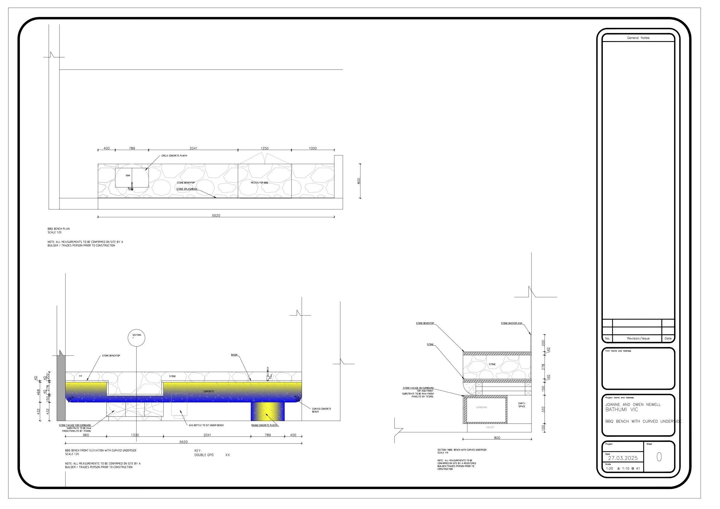 Architectural drawing of a BBQ bench with curved underneath, featuring top and side views, measurements, notes, and labels for construction details.