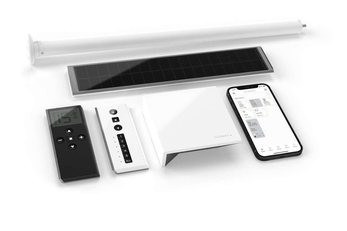 Motorised curtains and blinds. Smart home automation devices, including a sensor strip, remote control, smart hub, and a smartphone app interface on a white background.