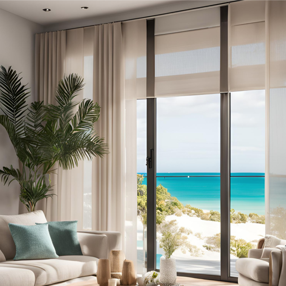 Living room with large glass sliding doors opening to a beach view, beige curtains, a white sofa with green pillows, a large potted plant, and decorative vases and plants on a coffee table.