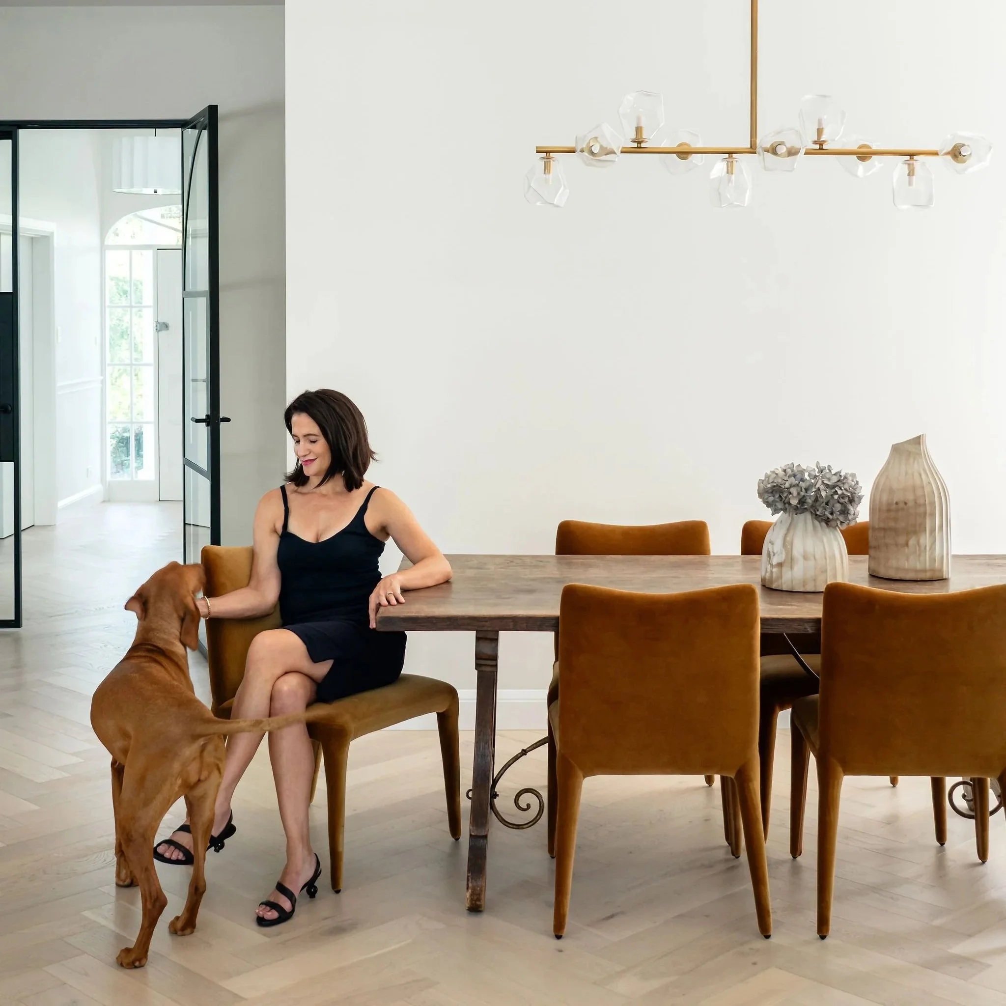 Woman sitting at a dining table with a dog, in a modern, bright dining room with white walls and wooden flooring.